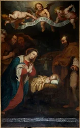 Sognekirke (Saint Laurentius Sognekirke). Interiør. nordlige sideskib. Alteret. maleri. "Kristi fødsel". signeret Simon de Pape. 1666.
