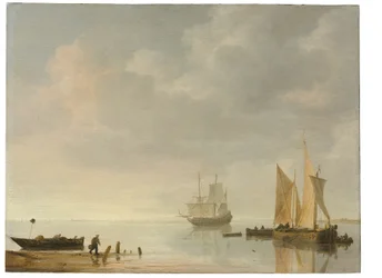 Kystscene med skibe, der hviler på roligt vand