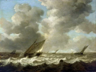 Fiskerbåde på hårdt hav, i horisonten ses den hollandske kyst. Olie på træ