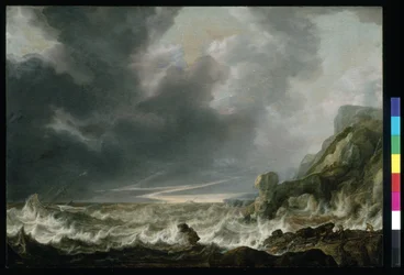 Skib i nød ud for en klippekyst, ca. 1645 (olie på træ)