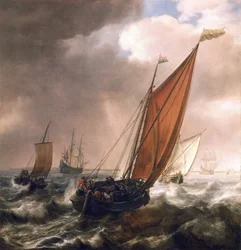 Lille hollandsk transportskib, for vinden, i det rolige, lave vand langs kysten, med Zeelands Admiraut-flag (nordøst for Holland) og Hollands flag.