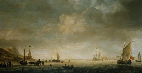 Bredden ved Scheveningen med fiskere på stranden