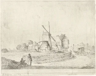 Mølle og huse langs en landevej