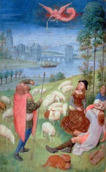 Tilføj 38126 fol.79v-80 Bebudelsen til hyrderne, fra Huth Hours, 485-90 (vellum)iennes (detaljer fra 20281)