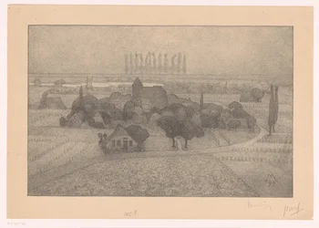 Landskab med en landsby ved en flod Twilight (original titel)