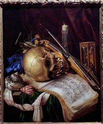 Vanite Stilleben af kranium, noder, musikinstrumenter, skaller og timeglas. Maleri af Simon Bernard af Sankt Andre (1613-1677) 1650 søn. 0,52x0,44 m Marseille, Musee des Beaux Arts