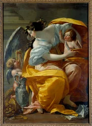 Allegorisk fremstilling af rigdom. En kvinde, symbol på Fortuna og overflod, omgivet af putti og smykker. Maleri af Simon Vouet (1590-1649), 17. århundrede, 1,7 x 1,2 m