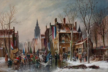 En karnevalsparade på en frossen kanal, ca. 1840-60 (olie på lærred)