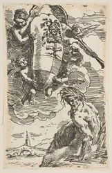 Allegori over Foglia-floden med byen Pesaros våbenskjold, frontispice for ..., ca. 1639.