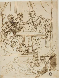 Judith med hovedet af Holofernes og skitser af flodguder (recto); Kvindehoved, der kigger opad (verso)