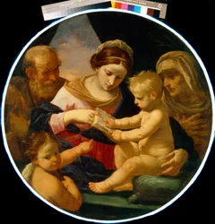 Den hellige familie med Johannes Døberen og Sankt Elizabeth. Maleri af Simone Cantarini (1612-1648), olie på lærred
