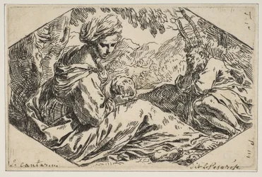 Hvil i Egypten, Maria holder og ser på spædbarnet Kristus, mens St. Joseph s..., ca. 1637-1639.