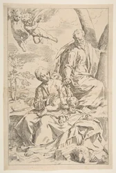 Hvil på flugten ind i Egypten, hvor Maria holder spædbarnet Kristus, mens St. Joseph rækker h..., ca. 1639.