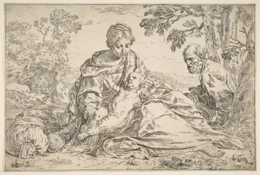Hvil på flugten til Egypten, Maria holder spædbarnet Kristus med St. Joseph til højre, ca. 1640.