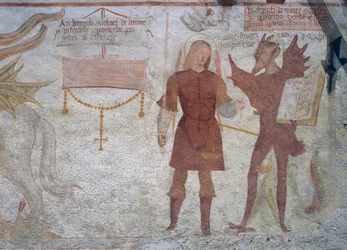 Ærkeenglen Michael og djævelen med bogen om de syv dødssynder, detaljer fra Dødedansen