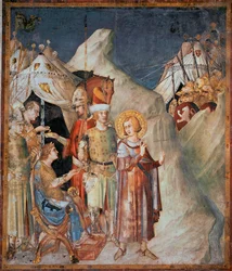 Episoder af Sankt Martins liv: "" Sankt Martin af Tours giver afkald på våben"" Fresco af Simone Martini (1285-1344). 1312-1317 - Dim 265x230 cm Nedre basilika af Sankt Frans af Assisi; Kapel Saint Martin, Assisi