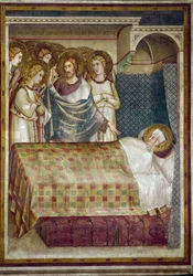 Fresko af Sankt Martins liv. Sankt Martins drøm: Kristus, omgivet af engle, åbenbarer for ham, at han var tiggeren, som han gav sin frakke. Maleri af Simone Martini (1280-1344). Fresco