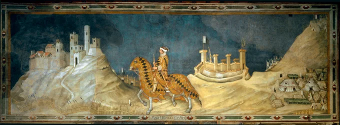 Guidoriccio da Fogliano. repræsentation af Guido Riccio da Fogliano (død 1352), kommandør (condottiero) for Siena-hæren, under erobringen af ​​slottet Montemassi i Maremma (Maremma) i 1328. Maleri af Simone Martini (1280-1344)