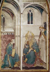 Life of Saint Martin of Tours (316-397): Sankt Martin i meditation (Saint Martin of Tours mediterer) - Fresco af Simone Martini (ca. 1284-1344), ca. 1312-1317, cm. 390x200 - Basilica of Saint Francis of Assisi, nedre kirkekapel Saint Martin, Assisi