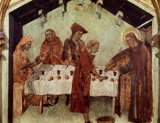 Louis serverer munkene ved bordet, detaljer fra Louis af Toulouses liv, fra predellaen af Saint Louis biskop af Toulouse, der kronede sin bror Robert af Anjou, konge af Napoli