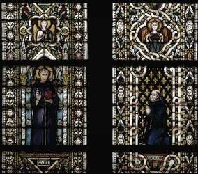 Sankt Antonius af Padova (1195-1231) og kardinal hedning af Montefiore (Gentile Partino da Montefiore, Gentilis af Monteflorum, ca. 1240-1312) knælende (Sankt Antonius af Padova og Gentile da Montefiore) - Glasmaleri af Simone Martini (ca. 1284-1344), cm. 