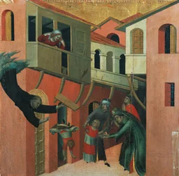 Miraklet med babyen, der faldt fra balkonen, detalje fra altertavlen med titlen Salige Agostino Novello og historier om hans liv, ca 1330, af Simone Martini (1283-1344), olie på lærred, 200x256 cm