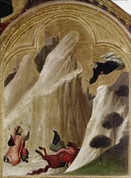 Miraklet med ridderen, der falder fra klippen og forbliver i live. Del af triptykonen History of Eremit of St. Augustine (Tempera på træ