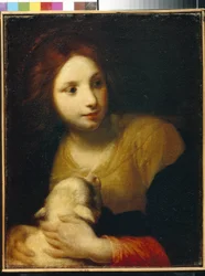 Sankt Agnes. (Agnes af Rom, født i 290, martyr omkring 304). Maleri af Simone Pignoni (1611-1698), olie på lærred. Italiensk kunst (Firenze)