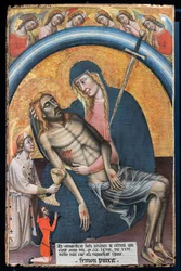 Klagesang over den døde Kristus med klienten, Iohannes de Elthinl, af Simone dei Crocifissi, ca. 1368. Jomfruen er repræsenteret som Vor Frue af sorger, med et sværd i hjertet.