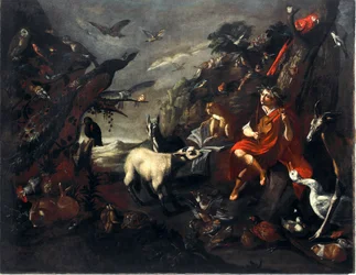 Orphee and the Animals Painting of the Entourage af Sinibaldo Scorza (1589-1631) Søn.101,5x129 cm Gener, nye gademuseer