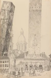 Album med 30 udsigter i Tyrol og Italien: Skæve tårne, Statue af St. Francis, Bologna 12. november 1840