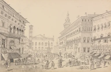 Album med 30 udsigter i Tyrol og Italien: Plads ved Bologna, katedralen og pavens legatpalads 12. november 1840