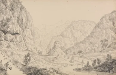 Album med 30 udsigter i Tyrol og Italien: Udsigt over Eisak nær Mittenwald, 27. oktober 1840
