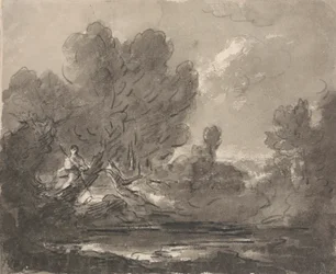 Figur i træ nær dam