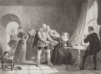 Mary Queen of Scots (1542-87) tvunget til at underskrive sin abdikation i Lochleven Castle i 1567, fra 