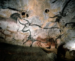 Palæolitisk kunst af tyre, hjorte og heste på kalkstenshulevægge, Lascaux, Frankrig, 2022 (foto)