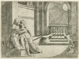 Abimelech ser Isaak Rebekka liefkozen Bijbelse scener (serietitel) Historia del Testamento Vecchio / Malet i Rom i Vatikanet af Raffaelle di Urbin (...) (serietitel)