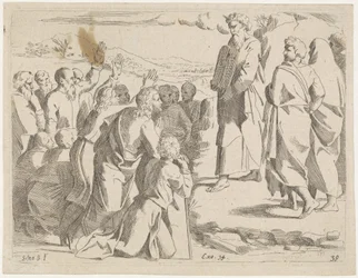 Moses viser lovens tabeller for folket Bibelske scener (serietitel) Historia del Testamento Vecchio / Dipinta in Roma nel Vaticano da Raffaelle di Urbino (...) (serietitel)