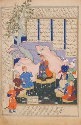 Luhrasp hører fra de tilbagevendende paladiner i den forsvindende Kai Khusrau, Folio ..., 1576-77.