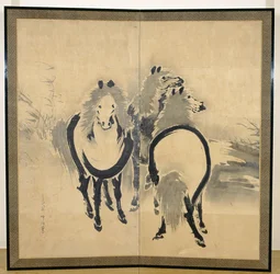 Heste, japansk, Edo-periode, ca. 1700-tallet (blæk på papir) (en af et par) (se også 121397)