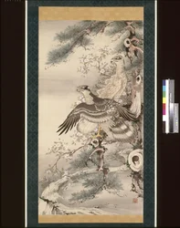 Par høge med gren og blomster (blæk, farve og guld på silke)