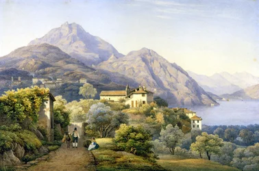 Como. Menaggio. Loveno og Mount Groma. 1840. Maleri af S. Corrodi. Menaggio, Como. .