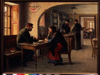 Et andragende (et andragende). På en cafe taler en kvinde med en soldat fra den Røde Hær, som udfylder en formular til hende. Bag dem, den almindelige travlhed på en cafe. Maleri af Solomon Yakovlevich Kishinevsky (Kishinevsky) (1863-1941), olie