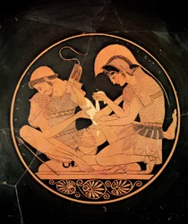 Interiør af en rød loftsfigur kylix, der forestiller Achilles Tending the Wounded Patrocles, fra Vulci, ca. 500 f.Kr. (keramik)