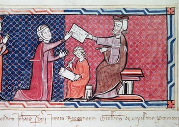 En kvinde, der aflægger ed over for kong James I (1207-76) af Mallorca, detalje af dommeren, kvinden og skriveren, fra Capbreu de Clayra et de Millas, 1292 (detaljer fra 181839)