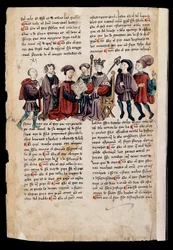En mand præsenterer en bog til kongen, miniature i "Book of Punishments or Documents for Good Living"