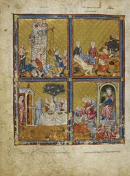 Tilføje. 27210, f.3 Scener fra Første Mosebog: Bygning af Babelstårnet; Noah skære druer; Abraham og Sara; Nimrod og Abraham, illustrationer fra 