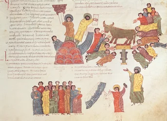 Tilbedelse af den gyldne kalv, fra den visigotisk-mozarabiske bibel fra St. Isidores, fol.46r., 960 e.Kr. (tempera på vellum)