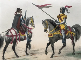 DE SOTTO, Serafin Maria, jarl af Clonard (1793 - 1862). Historia organica de las armas de Infanteria y Caballeria espanolas. 1851 - 1859. Kavalerister under Phillip II af Spaniens regeringstid. "Heraldo de caballeria" (våbenherold) og "hombre de armas" (Ma