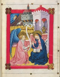 Fx 2653 f.14 Bebudelsen, fra Jomfru Marias timer (vellum)